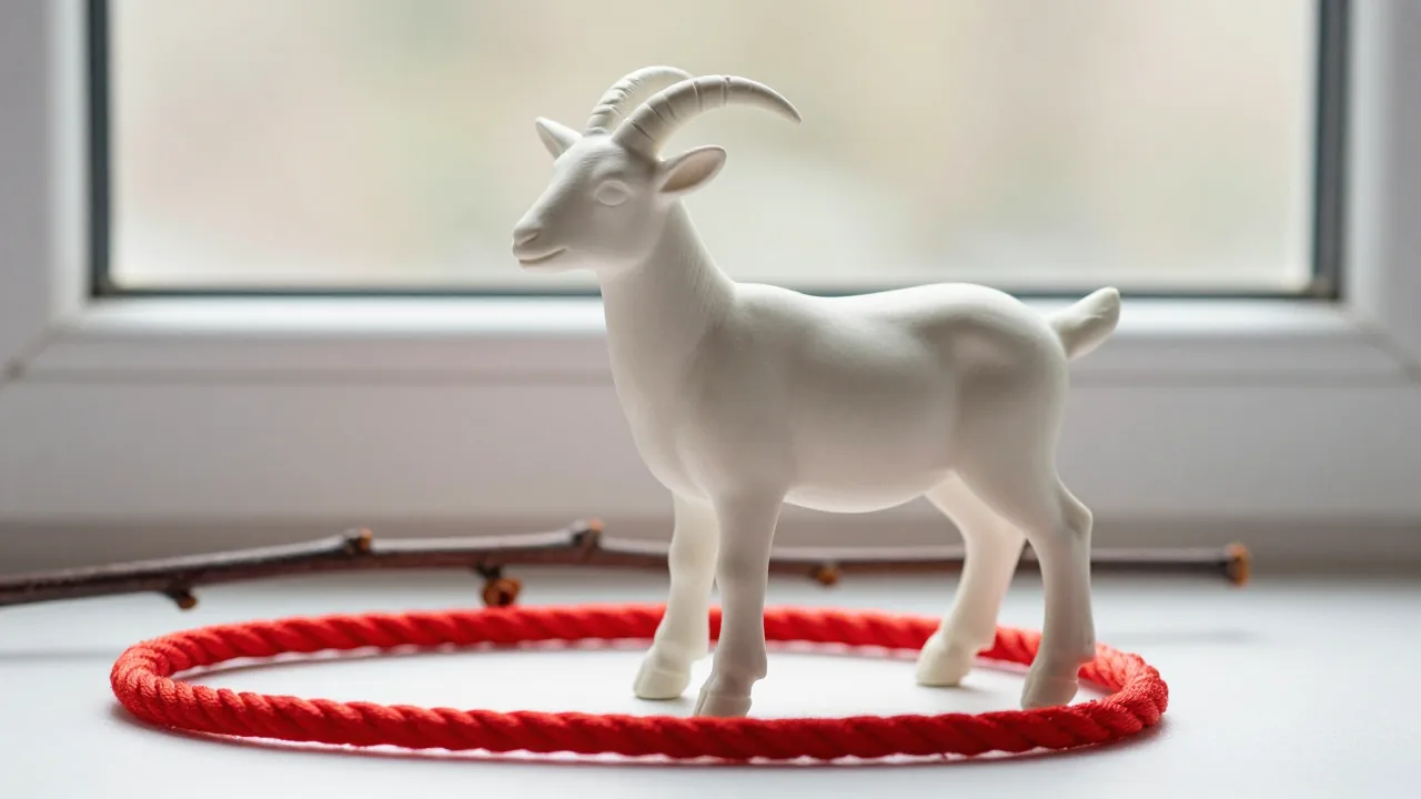 smooth unmarked goat figurine, winter plum branch, plain red silk cord supporting chinese zodiac signs 1991