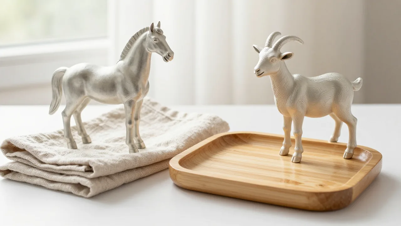 plain horse figurine and goat figurine, folded linen cloth, empty bamboo tray supporting chinese zodiac signs 1991