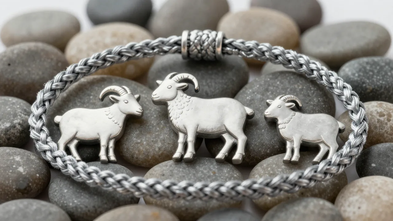 silver-gray braided cord, small goat carving, smooth river stones supporting chinese zodiac signs 1991