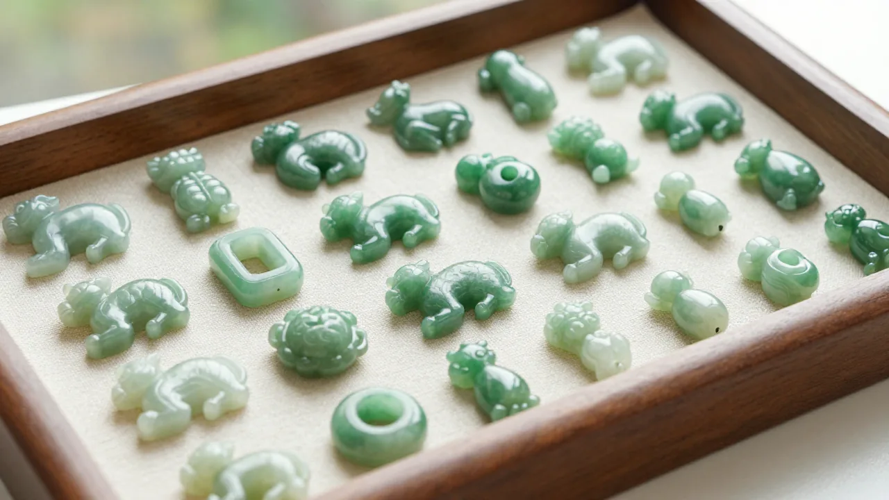 plain green animal charm, soft jewelry cloth, wooden tray supporting chinese zodiac jade charms