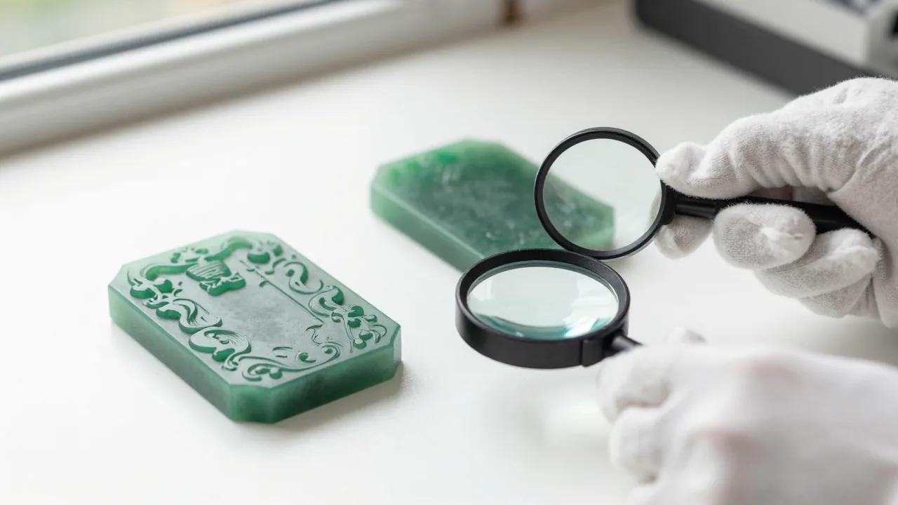two unmarked green stone samples, small loupe, cotton gloves supporting chinese zodiac jade charms