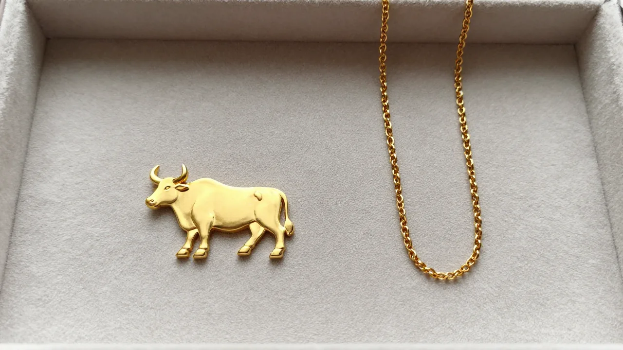 Gold-colored ox pendant beside a plain chain on a tray