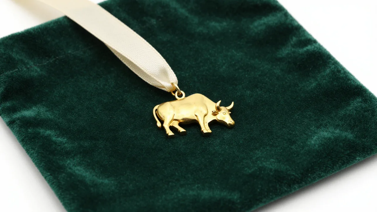 Sculptural ox pendant on velvet beside a plain ribbon