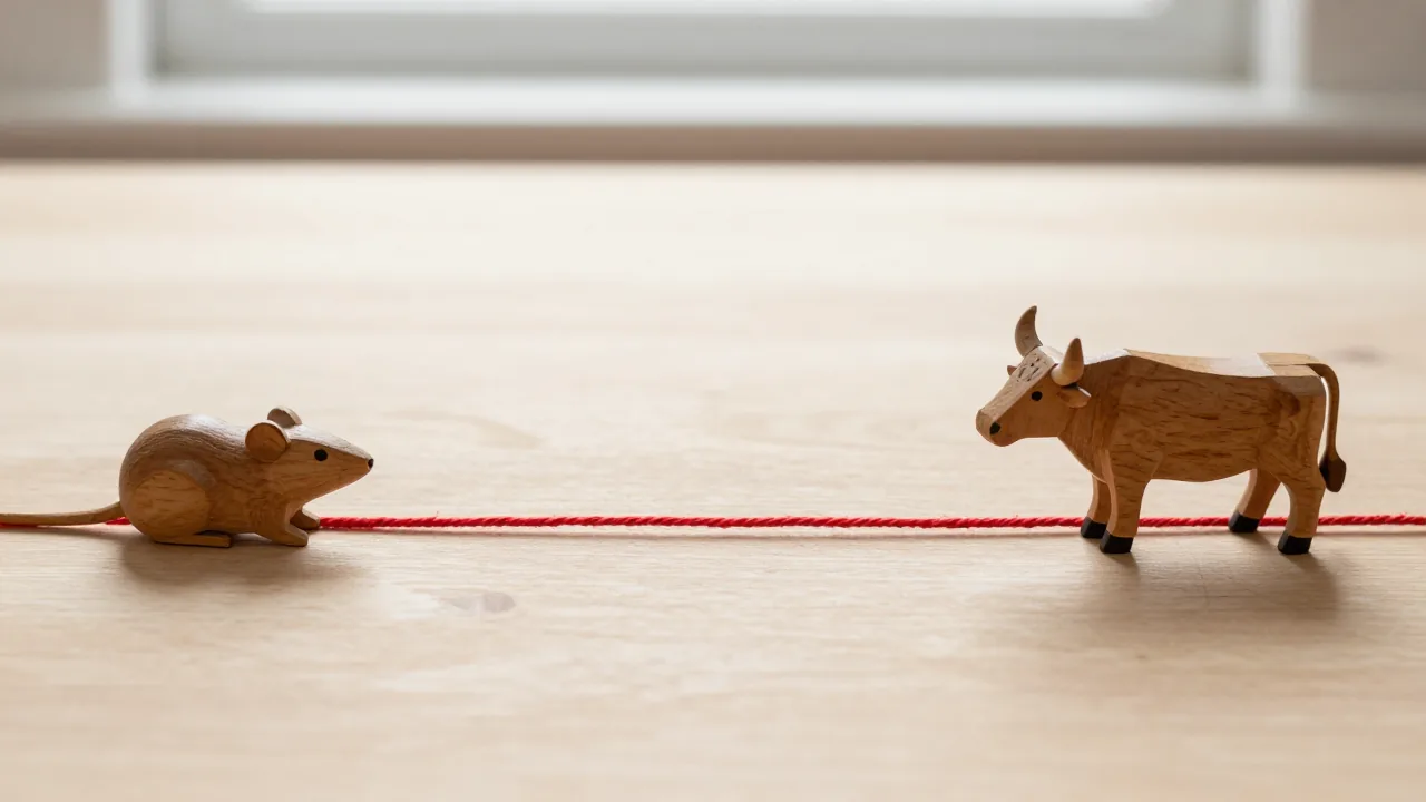 wooden rat figurine, wooden ox figurine, plain red cord