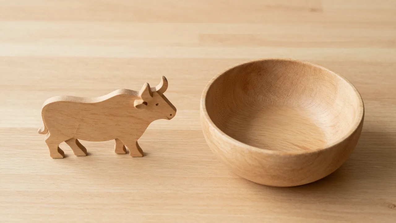 wooden ox carving, shallow water bowl, plain circular token