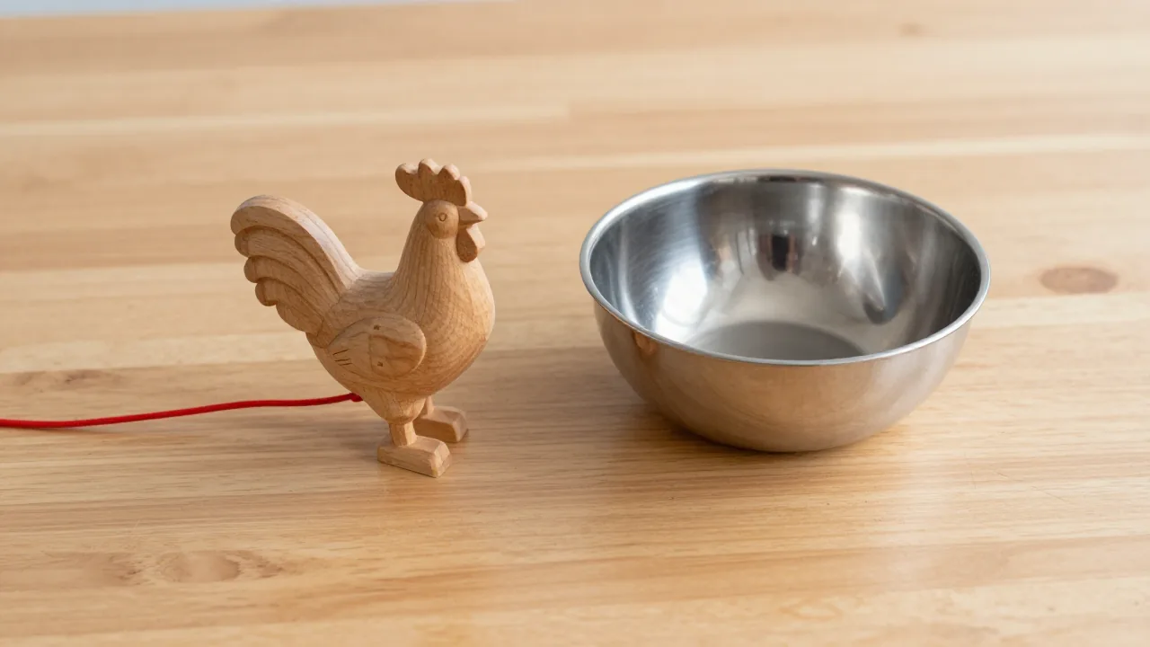 plain wooden rooster figurine, stainless steel bowl, unmarked red cord