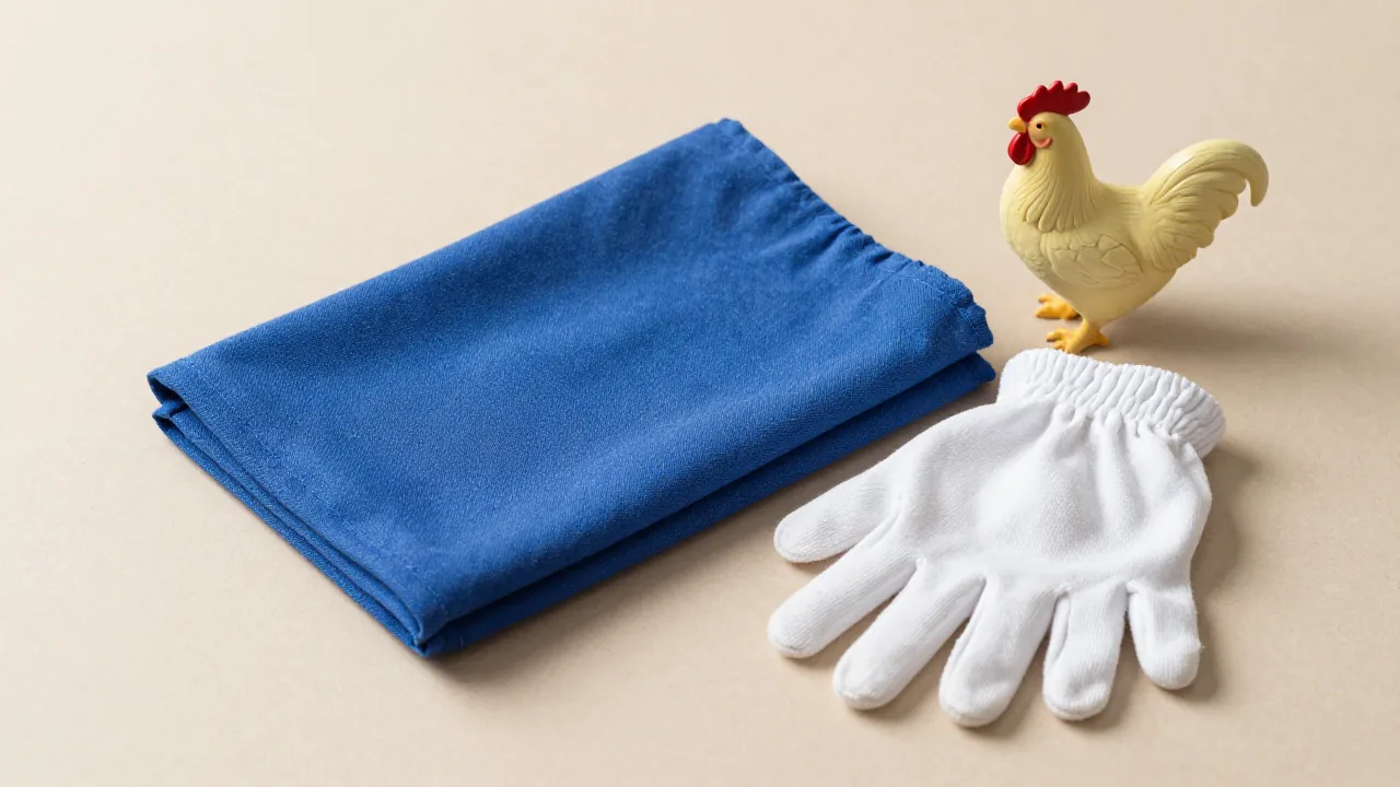 folded blue cloth, white cotton gloves, plain rooster figurine