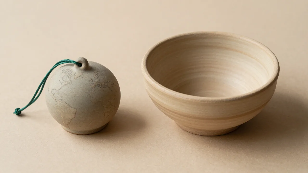 earth-toned ceramic keepsake, plain clay bowl, green silk cord
