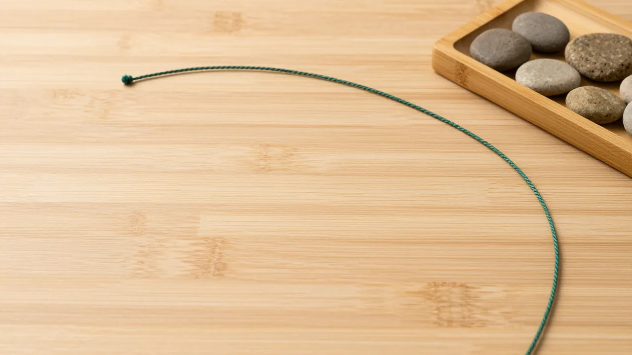 gently curved green cord, earth-toned stones, bamboo tray