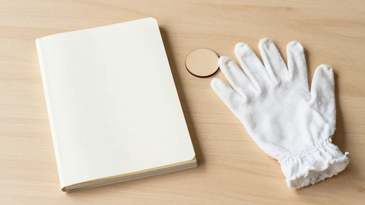 closed unmarked ledger, plain circular wooden token, cotton archive gloves
