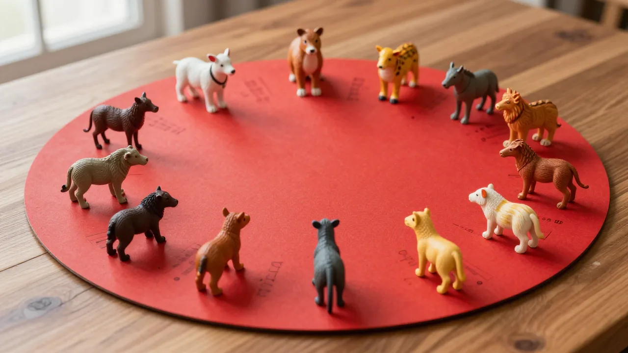 plain round red placemat, twelve small animal figurines, wooden table