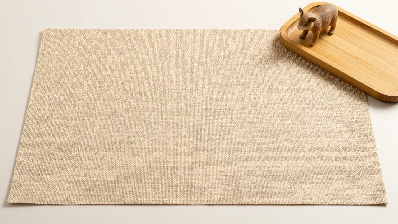 unprinted woven placemat, small animal figurines, plain bamboo tray