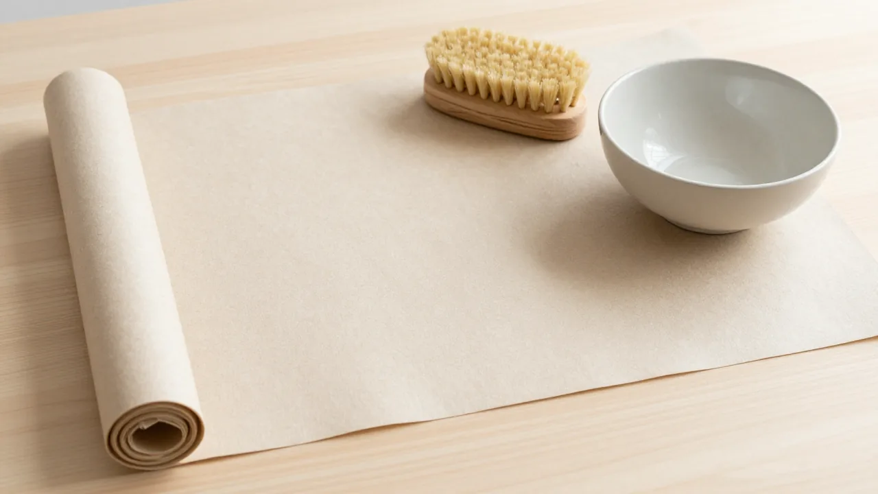 rolled unprinted table mat, natural fiber care brush, plain ceramic bowl
