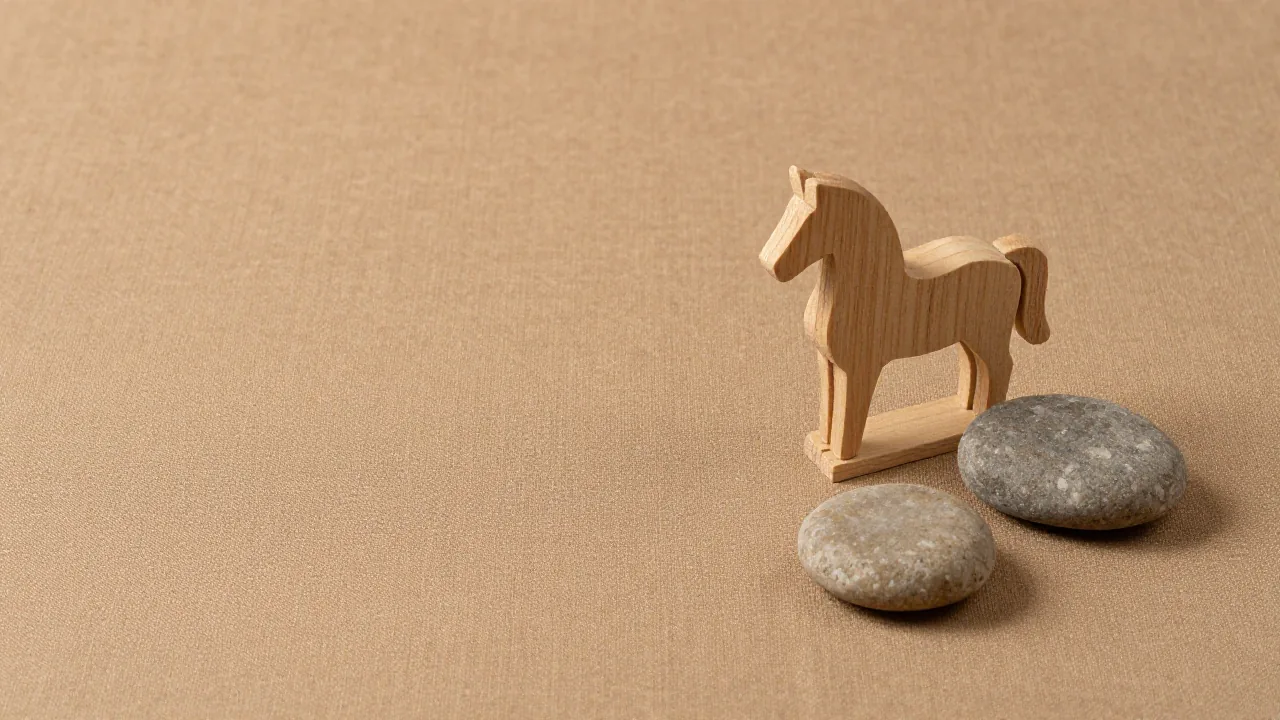 plain wooden horse figurine, two smooth river stones, earth-toned cloth