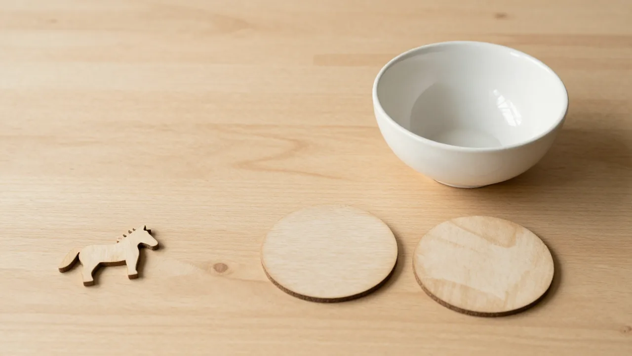 small horse ornament, two unmarked wooden discs, ceramic bowl