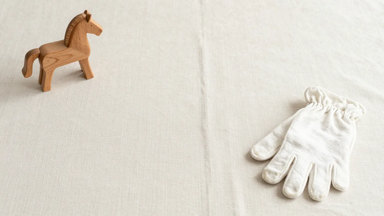wooden horse figurine, folded cotton gloves, plain linen cloth