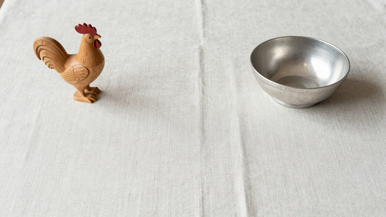 wooden rooster figurine, silver-colored bowl, linen cloth