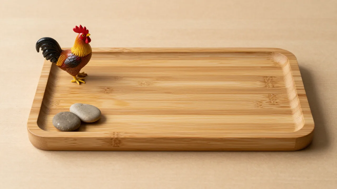 small rooster ornament, two smooth stones, bamboo tray