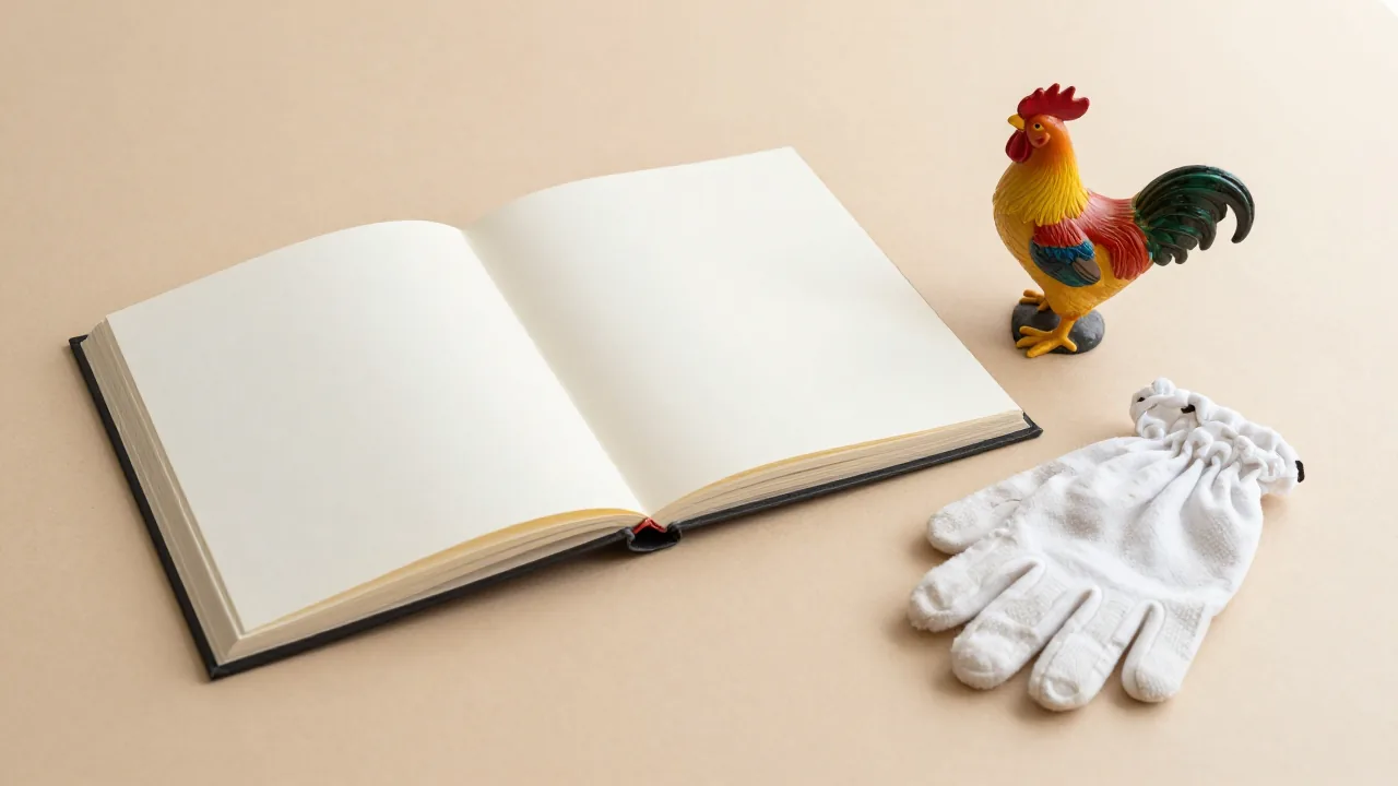 closed family album, cotton gloves, rooster figurine