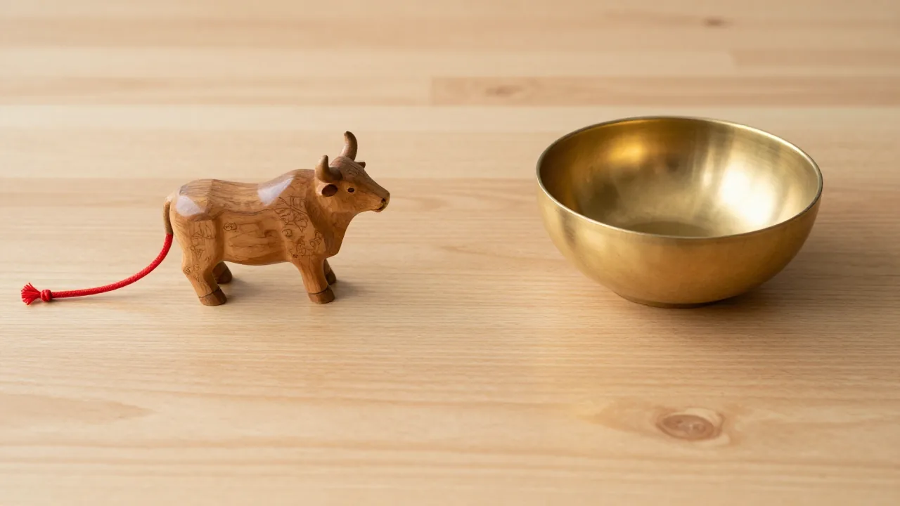 wooden ox figurine, red cord, plain brass bowl