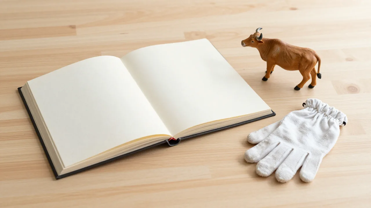 closed family album, cotton gloves, ox figurine