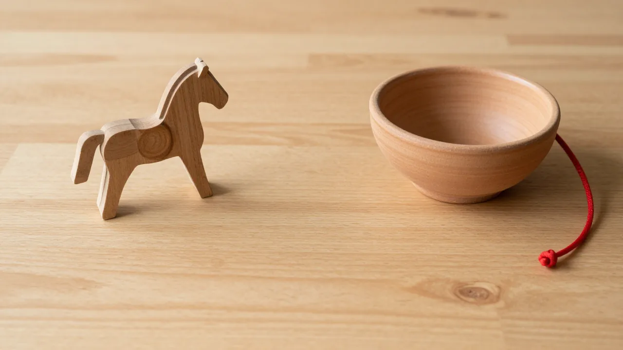 wooden horse figurine, earthenware bowl, red cord