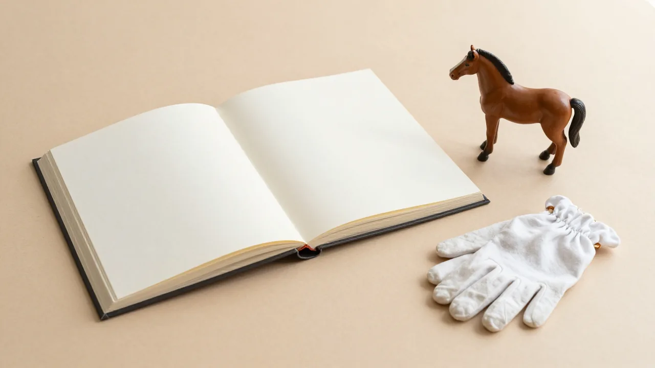 closed family album, cotton gloves, horse figurine
