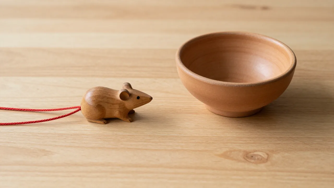 wooden rat figurine, earthenware bowl, red cord
