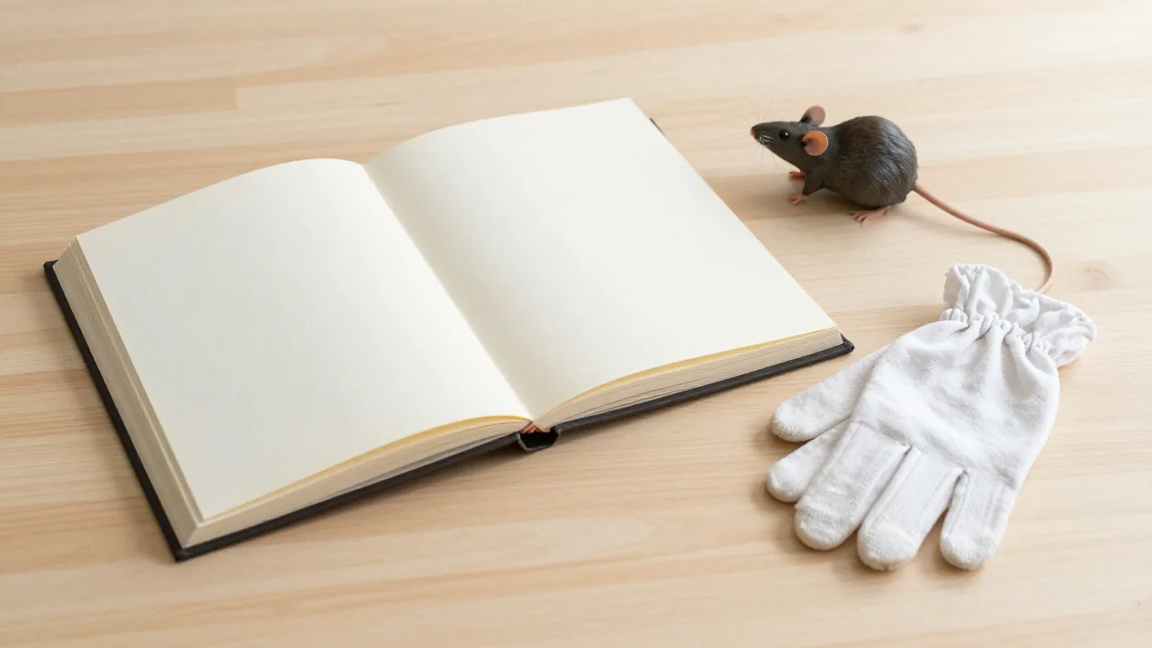 closed family album, cotton gloves, rat figurine
