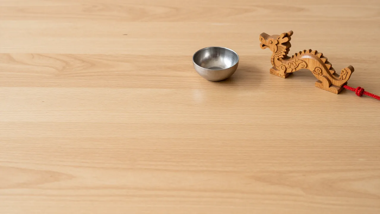 wooden dragon figurine, small metal bowl, red cord
