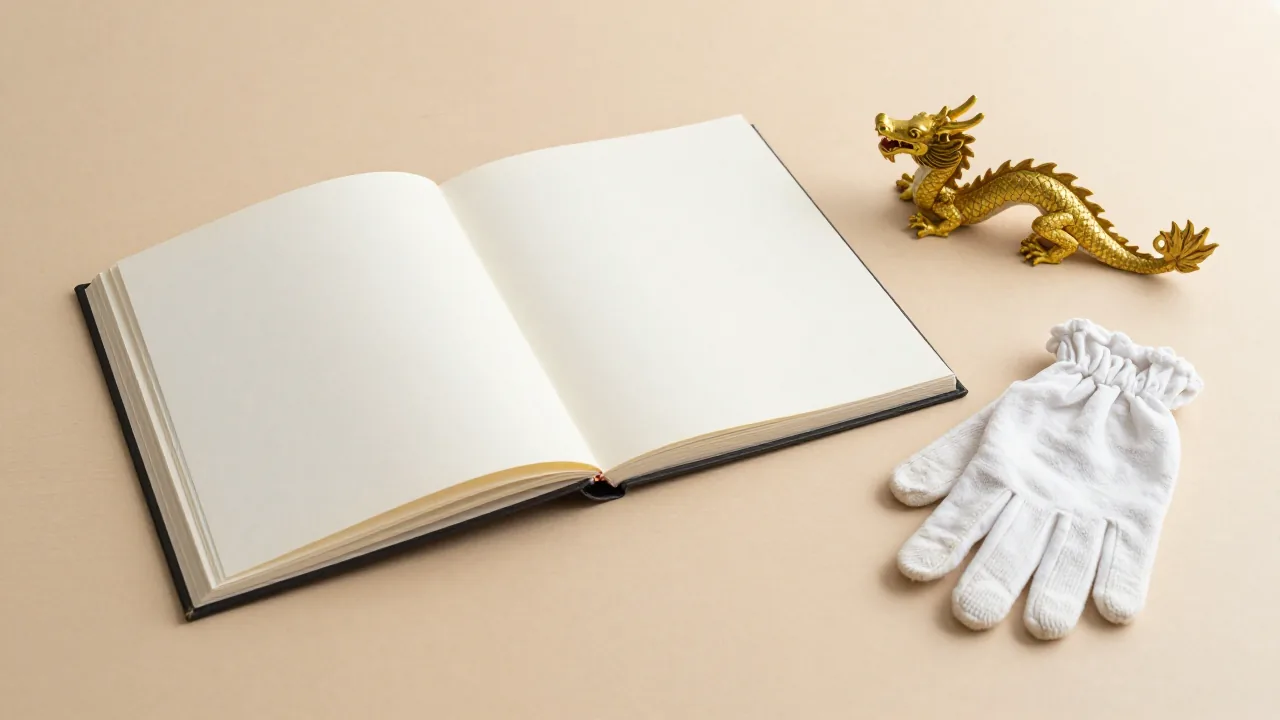 closed family album, cotton gloves, dragon figurine