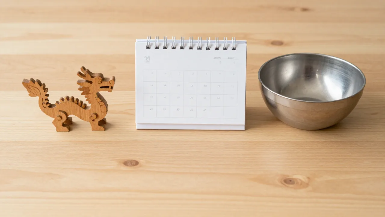wooden dragon figurine, plain January calendar blocks without text, metal bowl