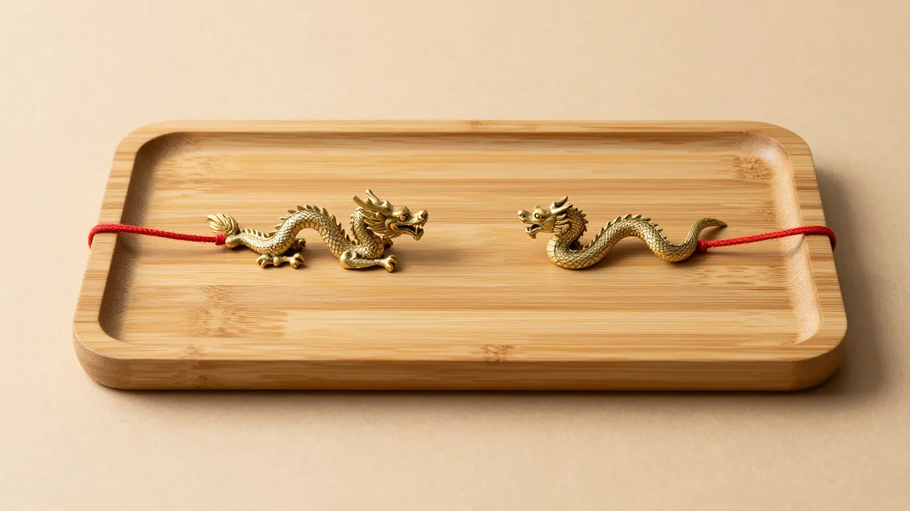 dragon and snake figurines separated by red cord, bamboo tray, soft side light