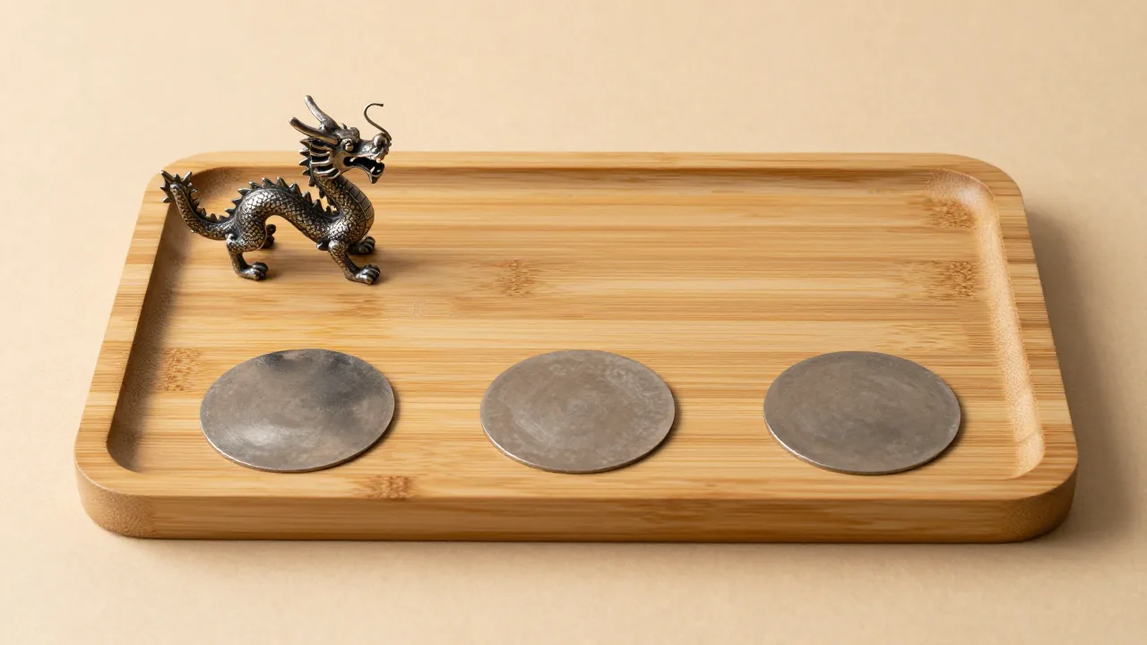 metal dragon figurine, three unmarked metal discs, bamboo tray