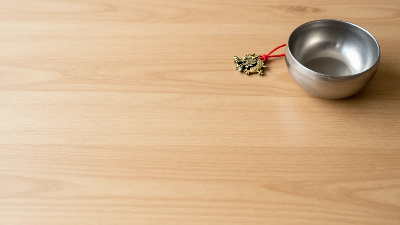 dragon ornament, metal bowl, red cord