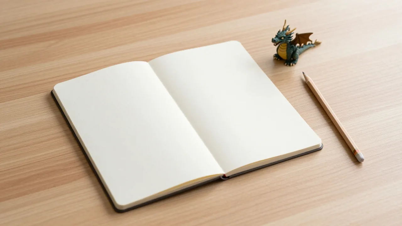 closed notebook, small dragon figure, pencil