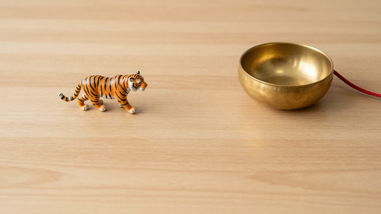 small tiger figurine, plain brass bowl, red cord
