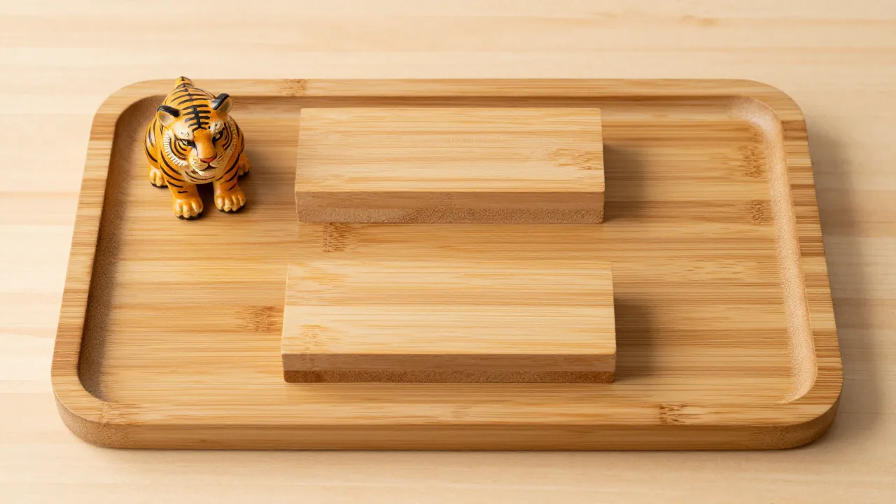 tiger ornament, two blank wooden date blocks, bamboo tray