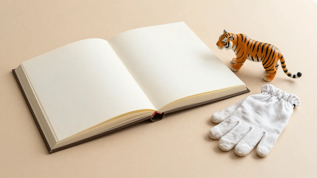 closed family album, cotton gloves, small tiger figure