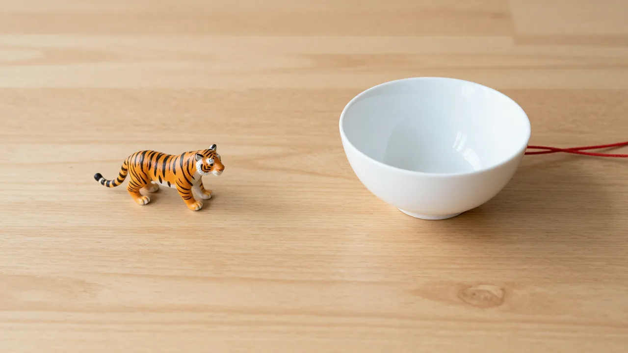 small tiger figurine, plain water bowl, red cord