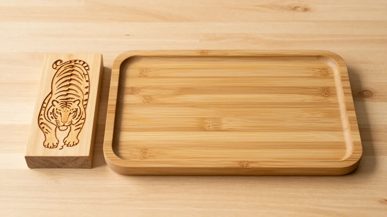 tiger ornament, two blank wooden blocks, bamboo tray