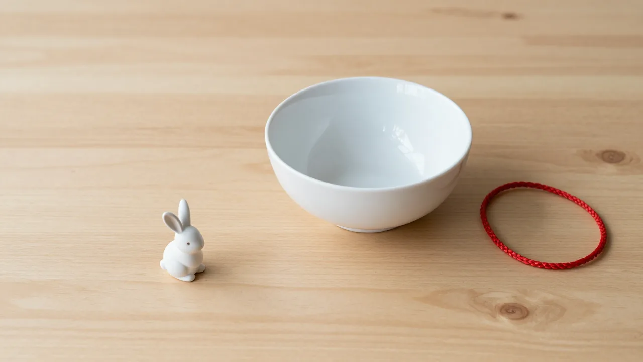small rabbit figurine, plain water bowl, red braided cord