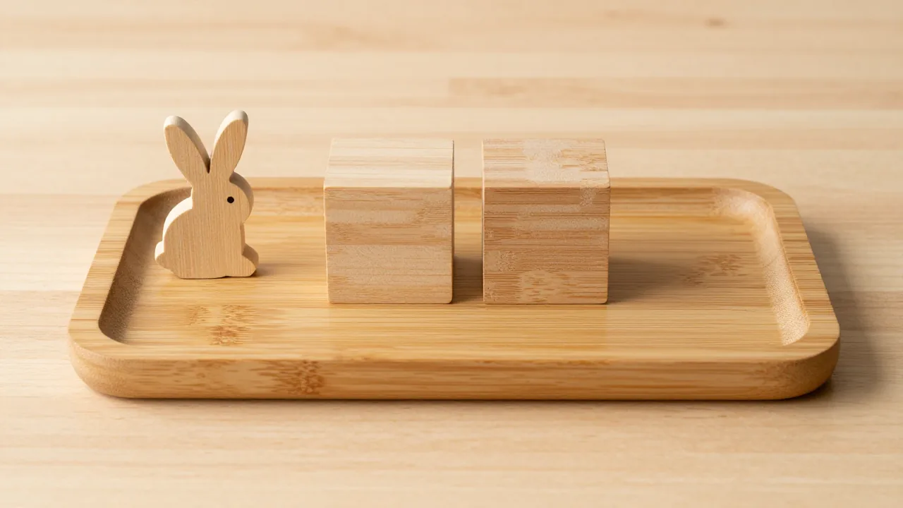 rabbit ornament, two unmarked wooden calendar blocks, bamboo tray