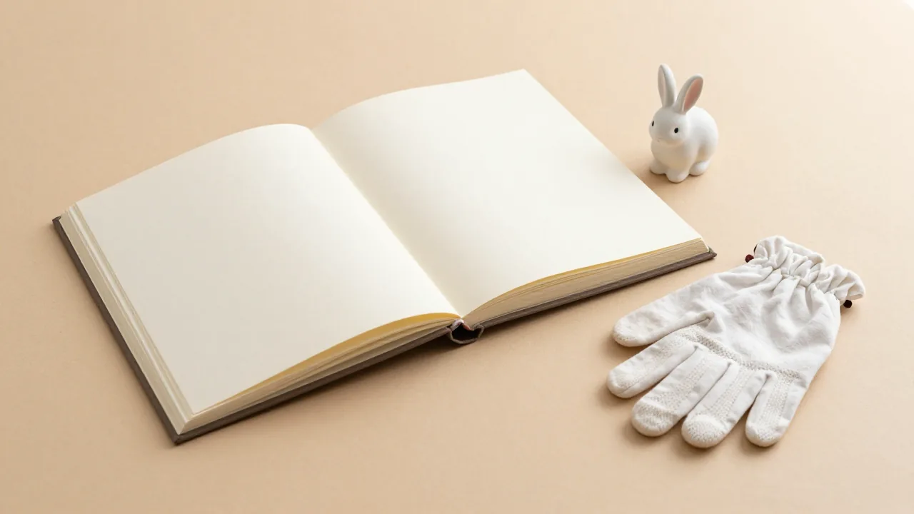 closed family album, cotton gloves, small rabbit figure