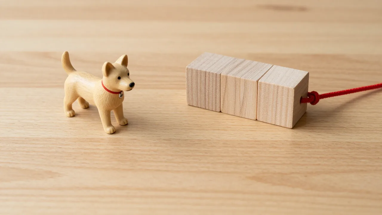 dog figurine, plain wooden date blocks, red cord