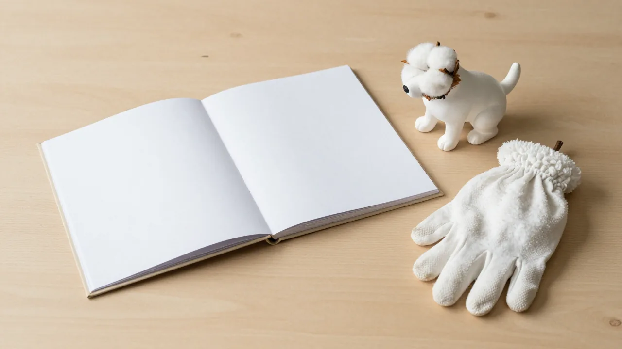 closed album, cotton gloves, dog figure