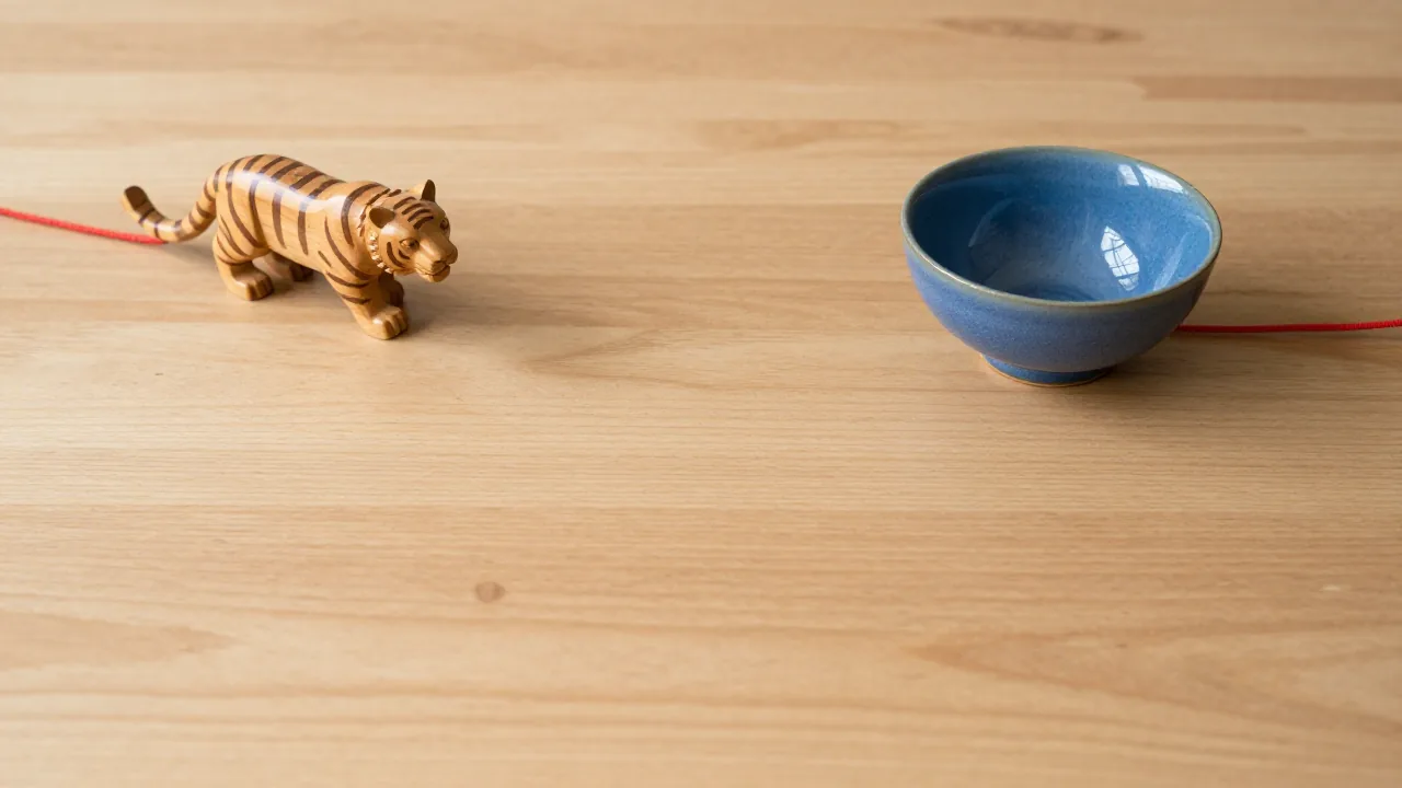wooden tiger figure, blue ceramic bowl, red cord