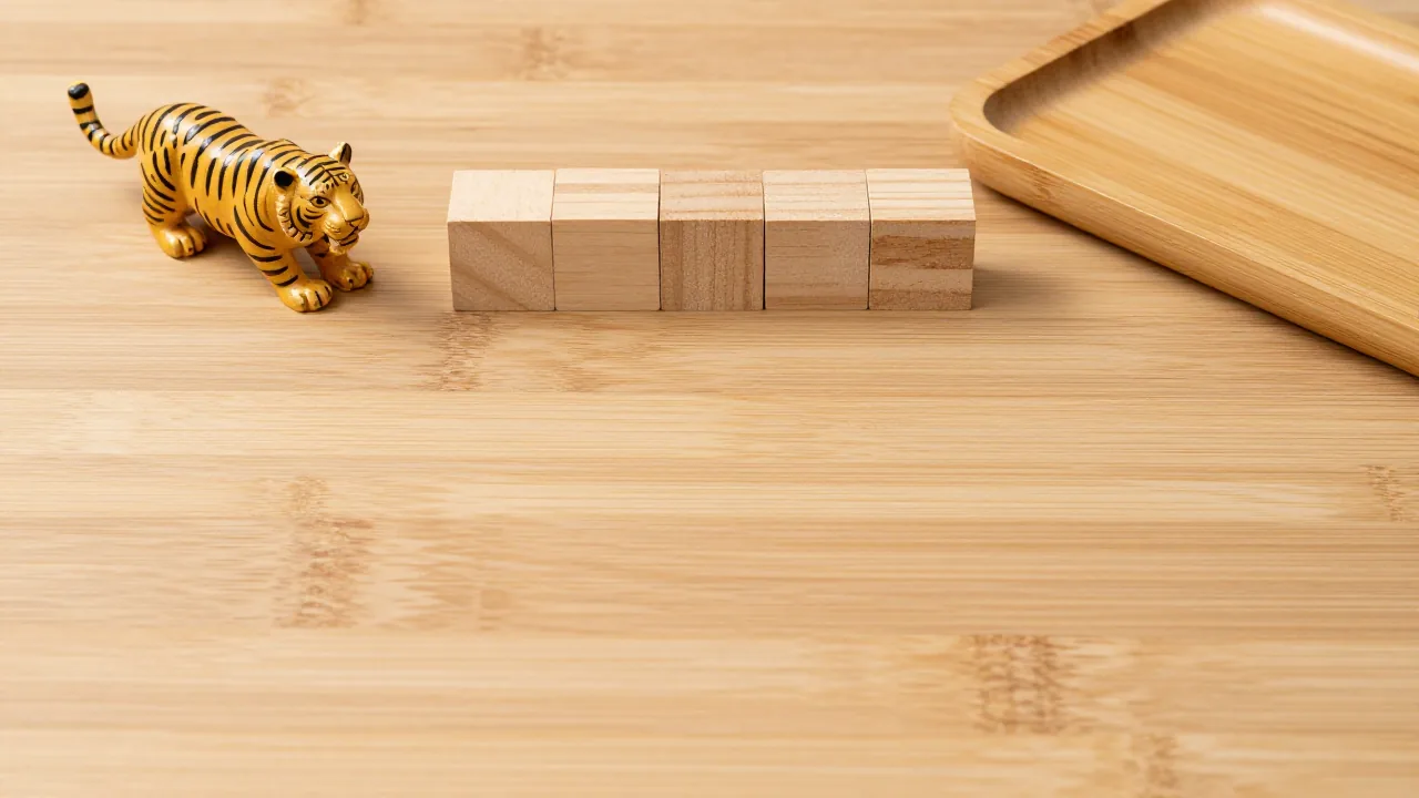 tiger ornament, plain date blocks, bamboo tray