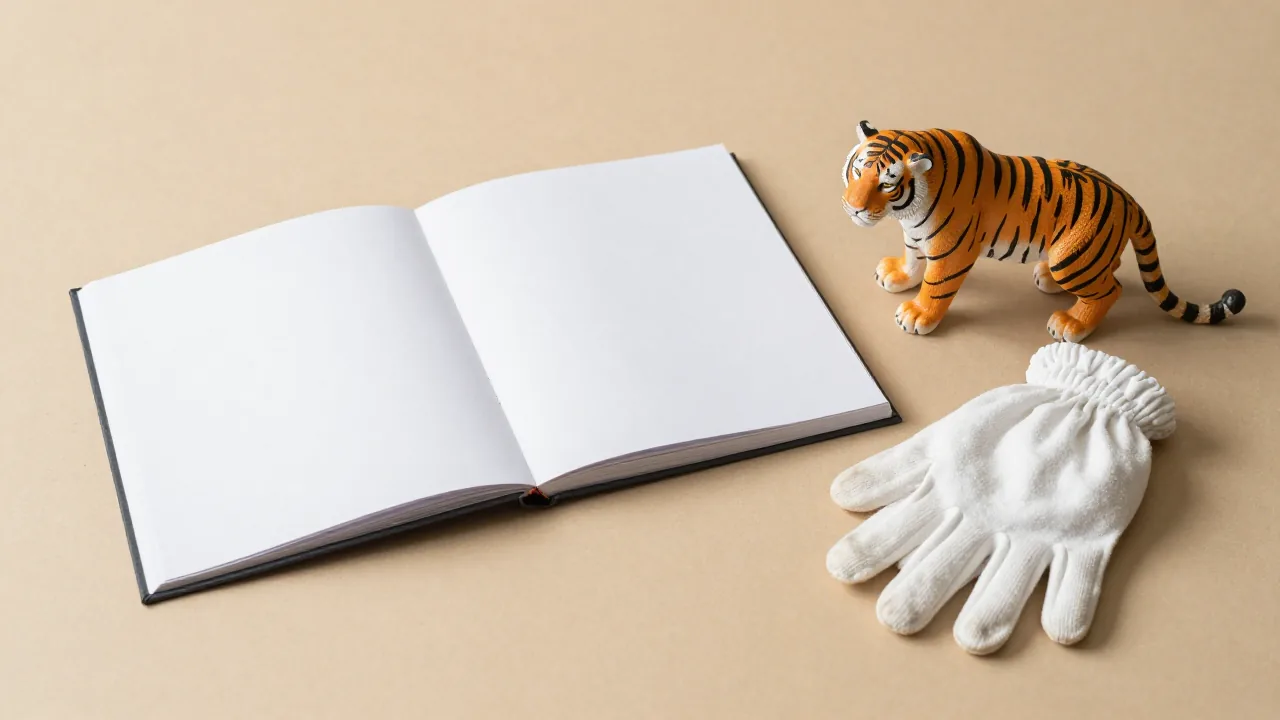 closed album, cotton gloves, tiger figurine