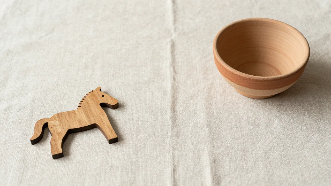wooden horse ornament, earthenware bowl, linen cloth